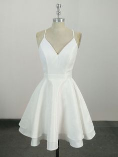 White A-line V-neck Wedding Dress, White V-neck Dress With Fitted Bodice, White Fitted A-line V-neck Dress, Fitted Mini V-neck Wedding Dress, Fitted V-neck Mini Dress For Wedding, White Fitted Bodice Dress For Homecoming, White A-line Prom Dress, White Fitted Homecoming Dress, White Fitted Dress For Homecoming