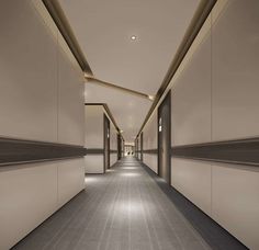 an empty hallway with white walls and grey carpeting is seen in this rendering image