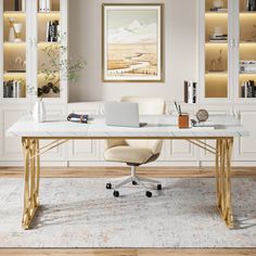 a desk with a laptop on it in front of some bookshelves and cabinets