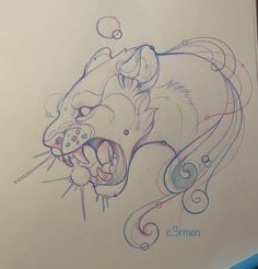 a drawing of a cat with its mouth open and tongue out, on a piece of paper