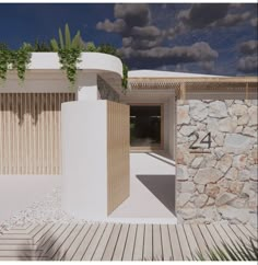 an artistic rendering of a house with stone walls and wooden flooring, surrounded by greenery