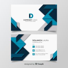 two sided business card with blue and white geometric shapes on the front, back and sides