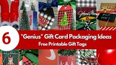 a bunch of christmas cards with the text genius's gift card packaging ideas free printable gift tags