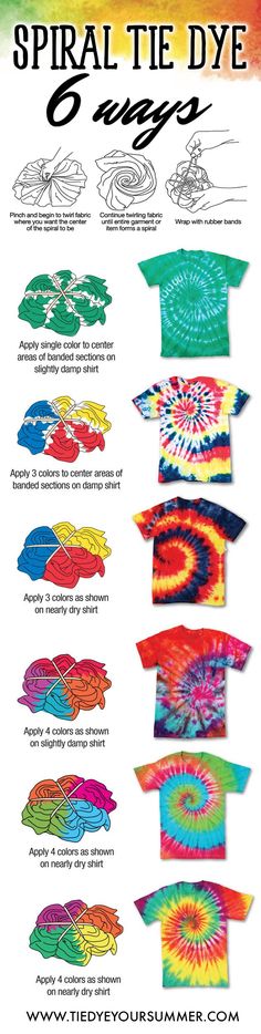 an advertisement for tie - dyed clothing with different colors and designs on it, including the words spiral tie dye