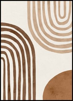 an abstract painting with brown and white stripes on it's surface, including circles