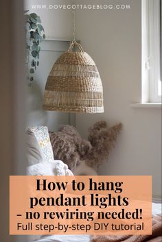 Pendant lights Faux Pendant Light, How To Make A Hanging Light, Diy Battery Powered Lamp, Rental Friendly Home Decor, How To Hang Pendant Lights, Hang Pendant Light From Ceiling, Battery Hanging Lights, Battery Hanging Lamp, Ikea Lampshade Hack