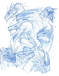 a drawing of some kind of dragon with its mouth open and eyes closed, in blue ink