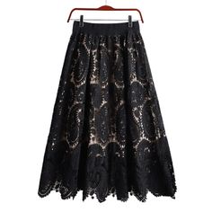 Cap Point Skirts black / One Size Elegant Vintage Midi Hollow Out Lace Skirt Black Lace Skirt For Spring, Spring Black Lace Skirt, Black Lace Full Skirt, Black Lace Summer Skirt, Black Lace Lined Skirt, Black Lace Skirt For Summer, Chic Black Lace Skirt, Floral Lace Skirt, Lace Skirts