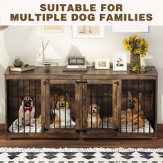 three dogs sitting in their kennels with the caption suitable for multiple dog families