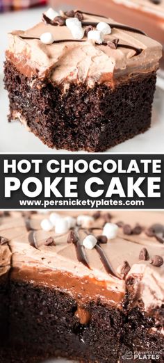 chocolate poke cake with marshmallows on top and the words hot chocolate poke cake above it