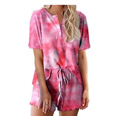 This soft material, Tie Dye Sleepwear Pajamas Set For Women with collars assures that you may sleep peacefully. These comfy pajamas are the perfect choice for chilly nights and are constructed of a cotton blend. Because it comes in a range of colors, you can select the setting that best suits you. Including a half-sleeved top and a pair of shorts, the ensemble is two pieces. These pajamas feel so airy and light, which you will appreciate. This loungewear is all you need to help relax at home. Th Tie Dye Roses, Comfy Sleepwear, Lounging Outfit, Pajamas Sets, Pajamas Comfy, Tie Dye Designs, Womens Pyjama Sets, Sleepwear Sets, Tie Dye Shorts