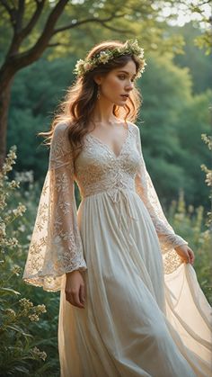 a woman in a white dress is walking through the woods wearing a floral headpiece