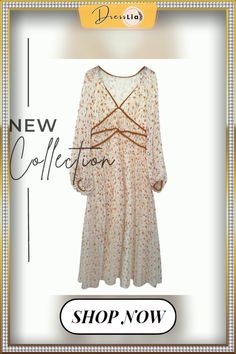 New Arrival Women Floral Long Pleated Dress V-neck Long Sleeves Slim Dress Sweet Fairy Temperament Korean Style Spring V-neck Apricot Dress, Feminine Apricot V-neck Dresses, Spring Apricot V-neck Dress, Bohemian Apricot V-neck Dress, Apricot Bohemian V-neck Dress, Long Pleated Dress, Slim Dress, Style Office, Slim Dresses