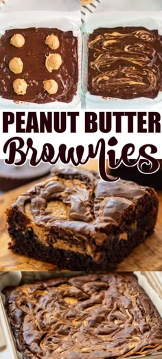 peanut butter brownies with chocolate frosting on top and in the background, there are two slices cut out