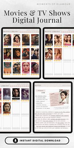 the movies and tv shows digital journal is shown in three different sections, including an image of