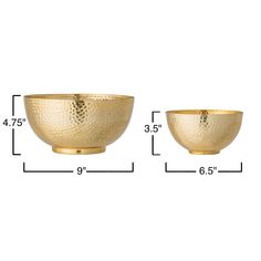 two gold bowls with measurements for each bowl