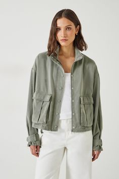 We're taking a relaxed approach to the utility trend with our Melinda jacket. Made from a soft cotton-lyocell blend, this short style has a beautiful slouch to it thanks to voluminous sleeves and large patch pocket details. We'll be layering it over everything as spring turns to summer. Machine washable. 51% Cotton, 49% Lyocell. Voluminous Sleeves, Women's Coats & Jackets, Utility Jacket, Everyday Wardrobe, Green Jacket, Hush Hush, Linen Blend, Wardrobe Essentials, Patch Pocket