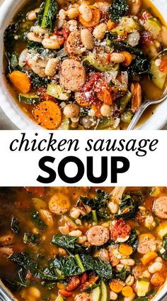 chicken sausage soup in a white bowl with spinach, carrots and chickpeas