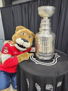 a stuffed animal sitting next to a trophy on top of a black cloth covered table