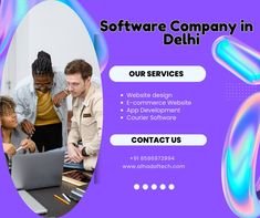 three people looking at a laptop screen with the words software company in delhi on it