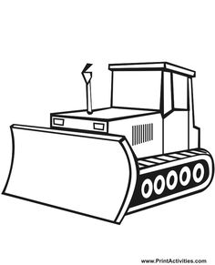 a black and white drawing of a bulldozer with the front end facing forward