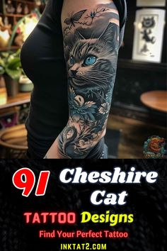 a woman with a cat tattoo on her arm and the words 91 cheesfire cat tattoos