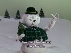 a snowman wearing a green jacket and hat with the words i love this christmassy time of year