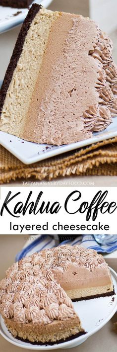 two slices of kahlua coffee layered cheesecake on plates