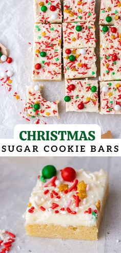 christmas sugar cookie bars with white frosting and sprinkles on the top