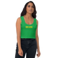 Be ready to show your love for Brazil with these World Cup crop tops! This crop top feature a Brazillian flag print on the back to show your love for Brazil. These are perfect for wearing during the game or as a patriotic top to wear at work or when you're out running errands. Show your love and patriotism with this beautifully crop top. View more Brazil items + PRODUCT DESCRIPTION + 82% Polyester / 18% Spandex Material has a four-way stretch meaning the fabric stretches and recovers at the crot Green Cropped Sports Crop Top, Green Sports Crop Top, Green Cropped Crop Top For Streetwear, Green Cropped Top For Streetwear, Brazil Crop Top, Brazil Outfit, Crop Top Outfit, Porto Rico, Top Clothing