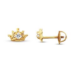 These charming crown earrings are crafted in 14K yellow gold with a single shimmering cubic zirconia at the center of each. The children's earrings secure with screw backs. Crown Earrings, Accessories Jewelry Earrings, Earring Backs, Designer Earrings, Fashion Earrings, Earring Set, Diamond Jewelry, Access Denied, Gemstone Jewelry