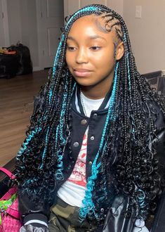 Braid Styles With Color, Hairstyles For 6th Graders Black, Cute Braiding Hairstyles For Black Women, Kali Hairstyles, Back To School Hairstyles Black Teens, Long Hair Styles Braids, Turquoise Braids, Hair Styles Braids Ideas, Hair Styles Braid