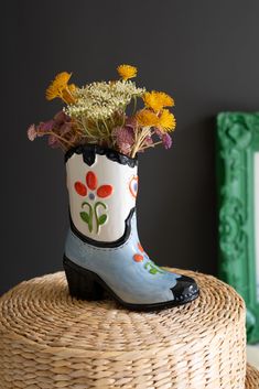 CERAMIC COWBOY BOOT VASE Cowboy Boot Vase, Boot Vase, Windmill Decor, Exterior Ceiling Fans, Dude Ranch, Display Furniture, Mirror Painting, New Ceramics, Flowers Gift