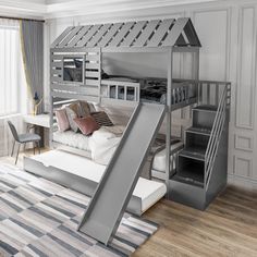 a loft bed with stairs to the top and bottom