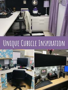 an office cubicle with desks, computer monitors and other things in it that are purple