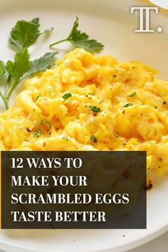 scrambled eggs on a white plate with parsley