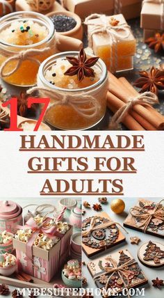 the cover of 17 handmade gifts for adults is shown with cookies and other treats