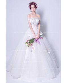 Buy Non Traditional Off Shoulder Bridal Gown With Color Flowers at wholesale price online. Free shipping and pro custom service since 2009. White Fitted Ball Gown For Spring, White Spring Wedding Ball Gown, White Gown For Debutante Ball In Spring, Spring Wedding Full-length Gown, Wholesale Flowers, Bridal Gown, Bridal Gowns, Ball Gowns, Off Shoulder