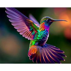 a colorful hummingbird flying in the air with its wings spread out and it's beak