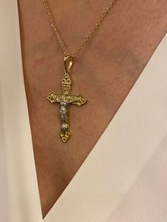 "ABOUT PRODUCT This 14K Solid Gold Cross necklace is beautifully designed and hand crafted with our associates to make this a special gift for your loved ones. Knowing the value of our customers, We prepare each piece with extra care and attention.  ITEM DETAILS Material: 14K Gold Approx:  5,8 grams with the chain. Only pendant is 4,2 grams. Available colors: Gold, Rose Gold, White Gold Available Sizes: 14\" to 20\" ✪ 14k Solid Gold ( Certification will be included with your order ) ✪Available 1 Spiritual Crucifix Jewelry For Wedding, Diamond Pendant Custom Necklace For Gift, Diamond Cut Crucifix Cross Necklace For Anniversary, Anniversary Diamond Pendant Cross Necklace, Diamond Crucifix Necklace For Formal Occasions, Elegant Handmade Cross Pendant Necklace, White Gold Crucifix Jewelry For Anniversary, Spiritual Jewelry With Diamond Accents For Gifts, Formal Crucifix Necklace With Diamond Accents