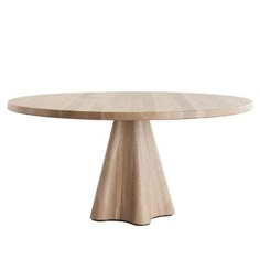 a round wooden table sitting on top of a white floor