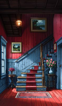 the stairs are painted red and there is a vase with flowers on it next to a table