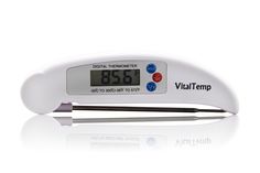 the digital thermometer is white and has red, blue, and black numbers