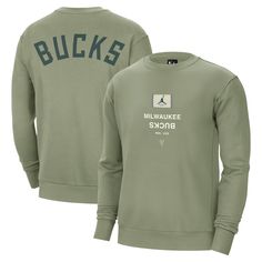 Channel courtside comfort and Milwaukee Bucks pride with the Jordan Brand Statement Edition Sweatshirt. This heavyweight pullover features a fleece lining and rib-knit cuffs and waistband for ultimate warmth and comfort during colder temperatures. The bold team graphics on the front and back make it clear you're a dedicated Milwaukee Bucks fan. Fan Gear Sportswear Sweatshirt, Sportswear Long Sleeve Fan Gear Sweatshirt, Sportswear Long Sleeve Sweatshirt For Fan Gear, Fleece Sweatshirt With Team Logo, Fan Apparel Sweatshirt With Ribbed Cuffs, Fan Apparel Long Sleeve Sweatshirt With Ribbed Cuffs, Relaxed Fit Long Sleeve Fan Gear Sweatshirt, Relaxed Fit Moisture-wicking Fleece Sweatshirt, Moisture-wicking Relaxed Fit Fleece Sweatshirt