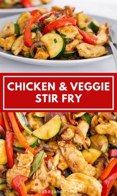 chicken and veggie stir fry on a white plate with red text overlay