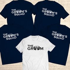 The Groom Tee | The Groom's Squad Tee | The Groom Shirt | The Groom's Squad Shirt | Groomsmen Tees | Groomsmen Shirts | Bachelor Tees To Order: 1. Choose Apparel Color/Size 2. Choose Ink Color 3. Specify the design that you want. See the listing's primary image for reference. If the design requires, include name and/or date. Note: - If ink color is not provided, we will use the ink color in the main image. If we are not able to do so we will use either white or black ink. Production Time: All or Groom And Groomsmen Shirts, Groomsmen Shirts, Bachelorette Squad, Pretty Robes, Groom Shirts, Custom Tee, Polycotton Fabric, Squad Shirt, Groom And Groomsmen