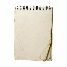 an old notepad with black spirals and paper sticking out of the side on a white background