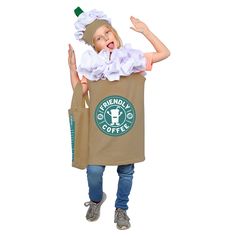 Kids Frappuccino Coffee Costume Includes Tunic, Bag and Headpiece Unique and adorable idea for Halloween and year round. “Friendly Coffee” logo in front. Checkbox with different coffee styles in the back, “Foam” ruffles on the costume and hat, straw sticking out from the hat. Coffee colored bag comes with coffee menu imprinted on it.! Made with 100% top-quality polyester which is resistant to most chemicals, stretching and shrinking, wrinkle resistant, and abrasion resistant. Milkshake Costume, Frappuccino Costume, Coffee Costume, Dress Up For Boys, Indian Dress Up, America Dress, Brown Tunic, Cape Costume, Childrens Meals