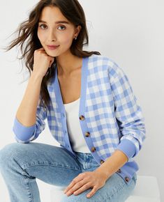 On or off the grid, our gingham boyfriend cardigan refreshes in palette-pleasing hues. V-neck. Long sleeves. Button front. Drop shoulders. Ribbed cuffs and hem. Gingham Cardigan, Hot Pink Cardigan, Tweed Cardigan, Ann Taylor Petite, Duster Cardigan Sweater, Blue And White Fabric, Boyfriend Cardigan, Boxy Sweater, Blue And White Style