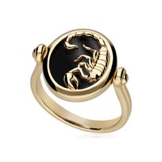 Express yourself with this gorgeous reversible zodiac signet ring crafted in 925 yellow gold plated silver with black onyx gemstone.  On one side the word ‘Scorpio’ has been carefully inscribed and the reverse side of the ring depicts the scorpion of Scorpio symbol. A quick buff with a jewellery cleaning cloth will remove metal tarnishes and keep gemstones looking glossy. Scorpio Ring, Flip Ring, Reversible Ring, Zodiac Scorpio, Zodiac Rings, Jewellery Uk, Onyx Gemstone, Birthstone Pendant, Men Diamond Ring